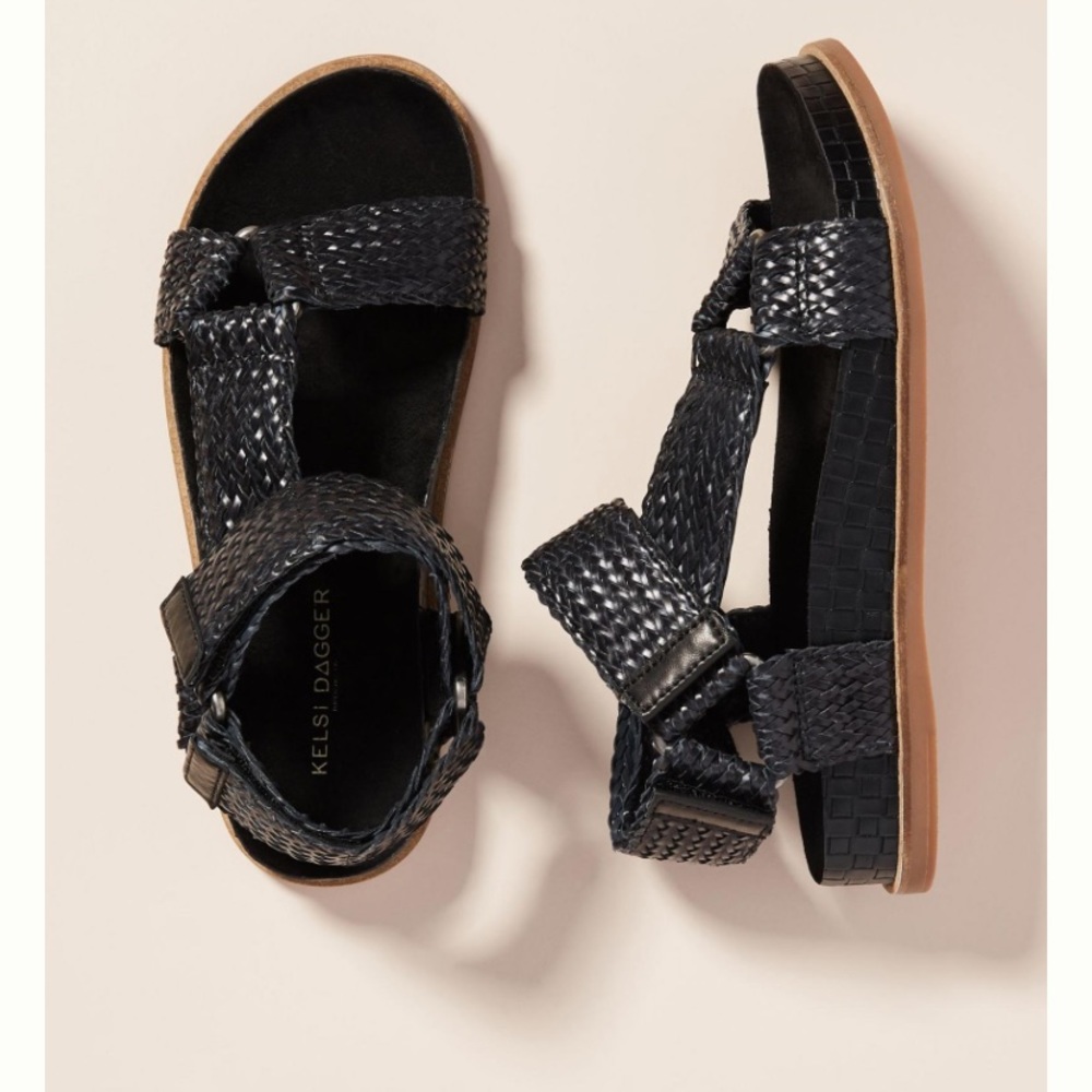 Kelsi Dagger Black Braided Leather Ankle Strap Sandals - Picture 5 of 14